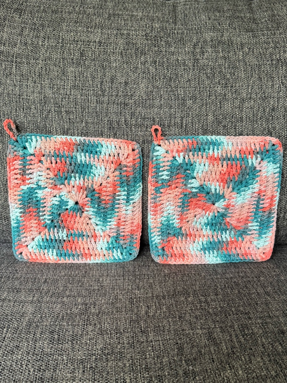 Handmade Crochet Pot Holders In Coral, Teal & Light Blue